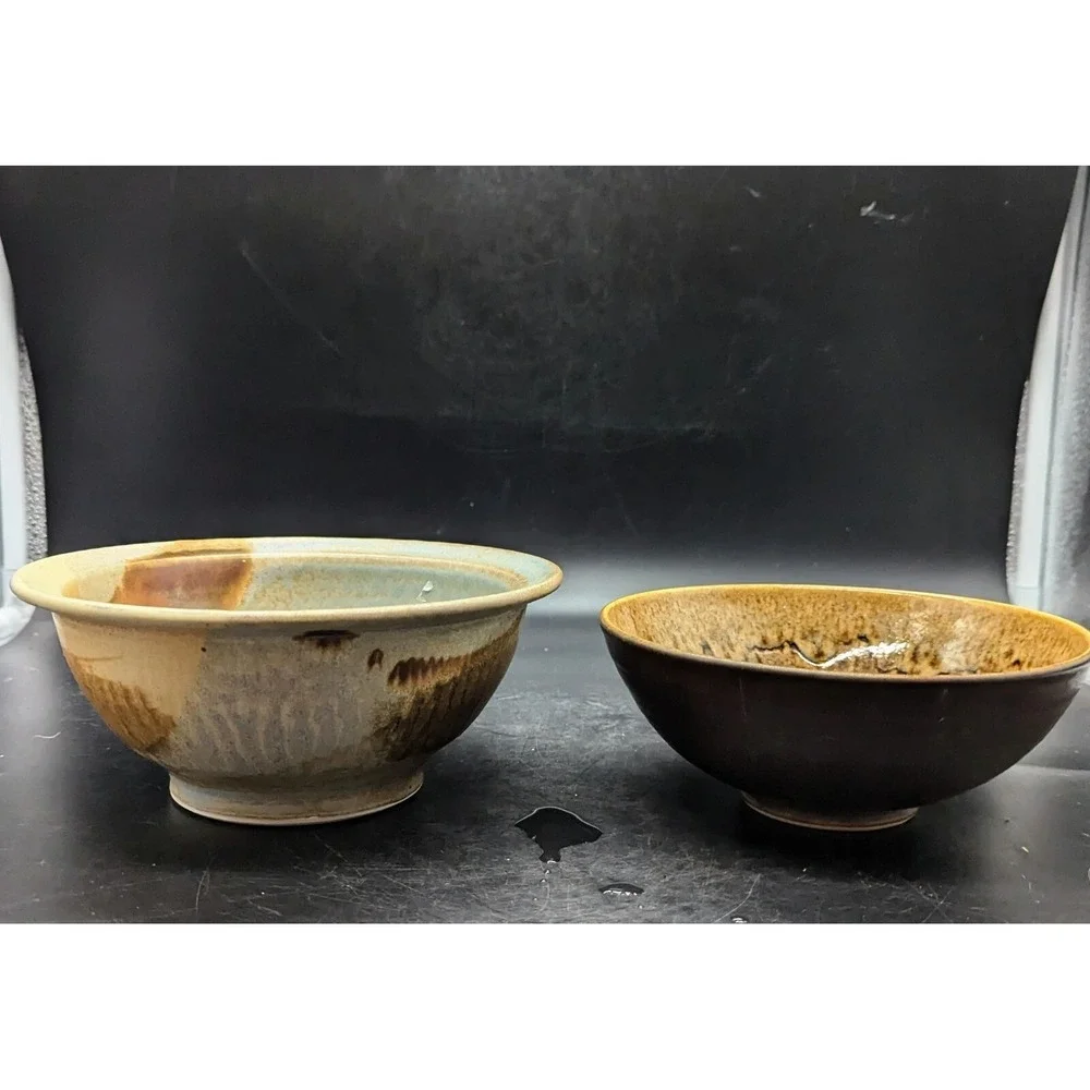 Lot/2 Vintage Studio Art Pottery Ceramic Bowls Brown Beige Signed 7* 7.75